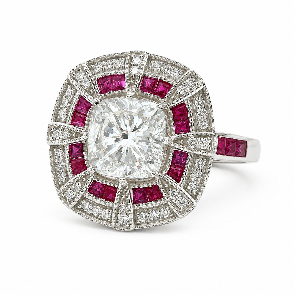 Natural Cushion Cut Diamond and Rubies Bridal Cocktail Ring 14KT White Gold
