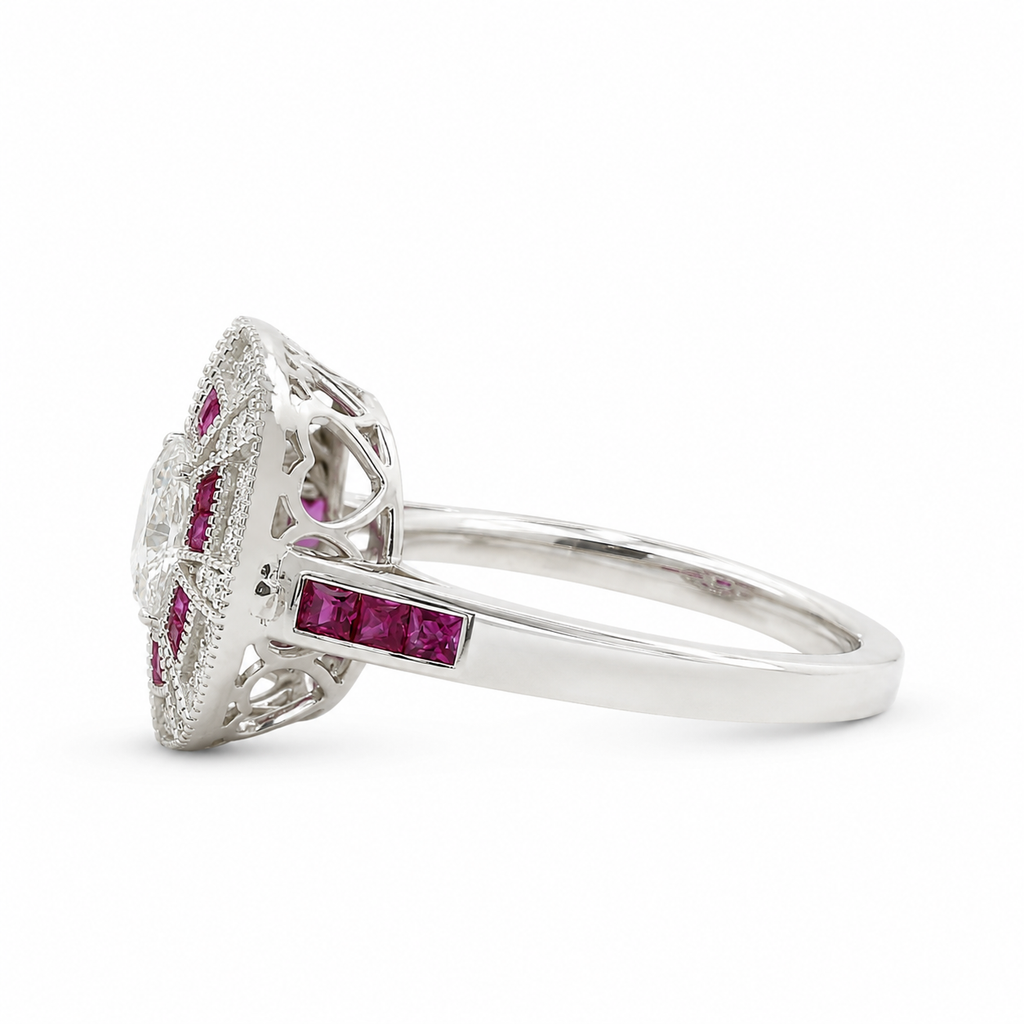 Natural Cushion Cut Diamond and Rubies Bridal Cocktail Ring 14KT White Gold