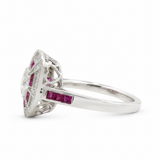 Natural Cushion Cut Diamond and Rubies Bridal Cocktail Ring 14KT White Gold