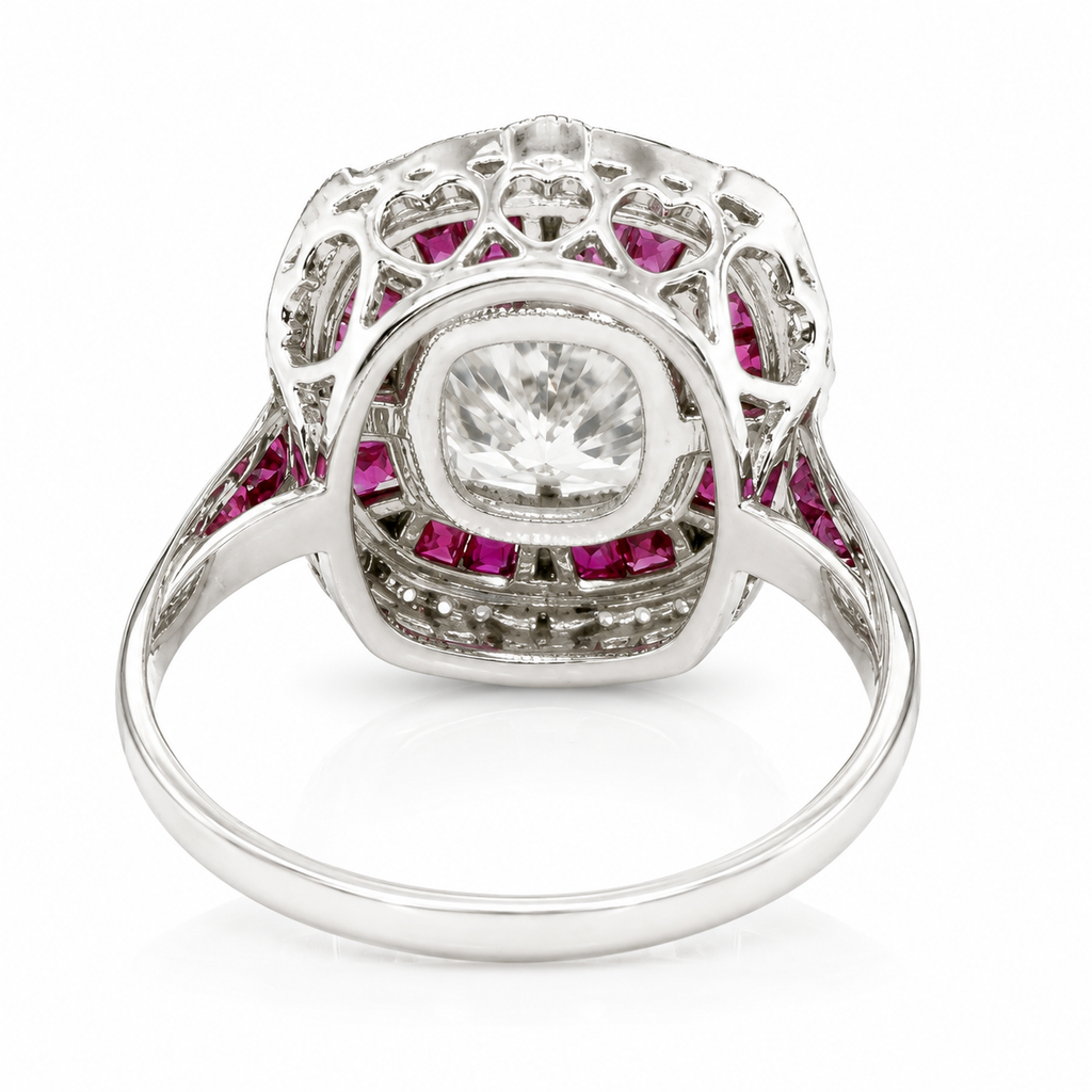 Natural Cushion Cut Diamond and Rubies Bridal Cocktail Ring 14KT White Gold