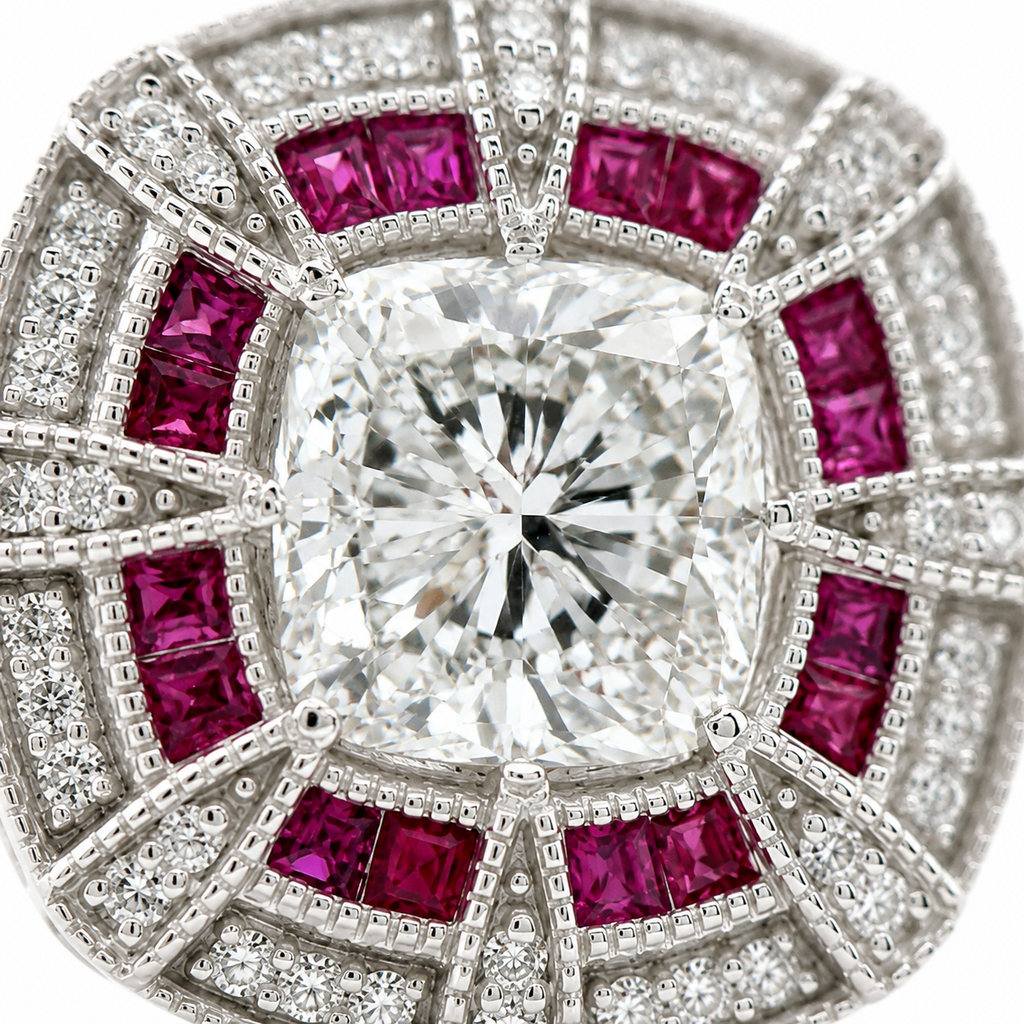 Natural Cushion Cut Diamond and Rubies Bridal Cocktail Ring 14KT White Gold