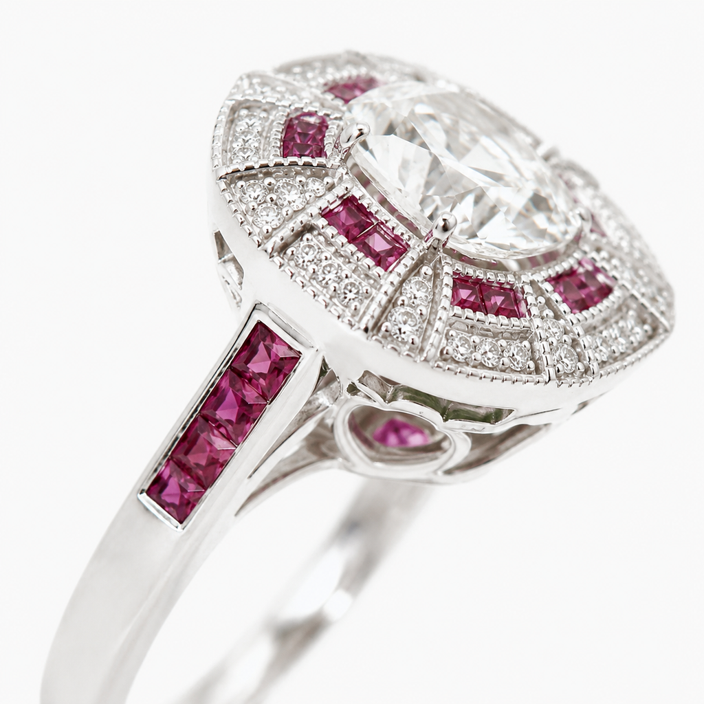 Natural Cushion Cut Diamond and Rubies Bridal Cocktail Ring 14KT White Gold