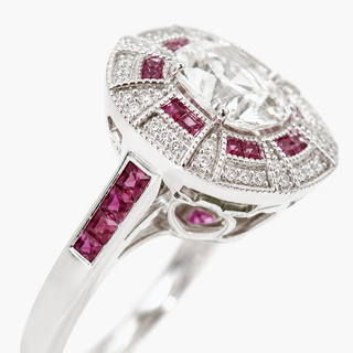 Natural Cushion Cut Diamond and Rubies Bridal Cocktail Ring 14KT White Gold