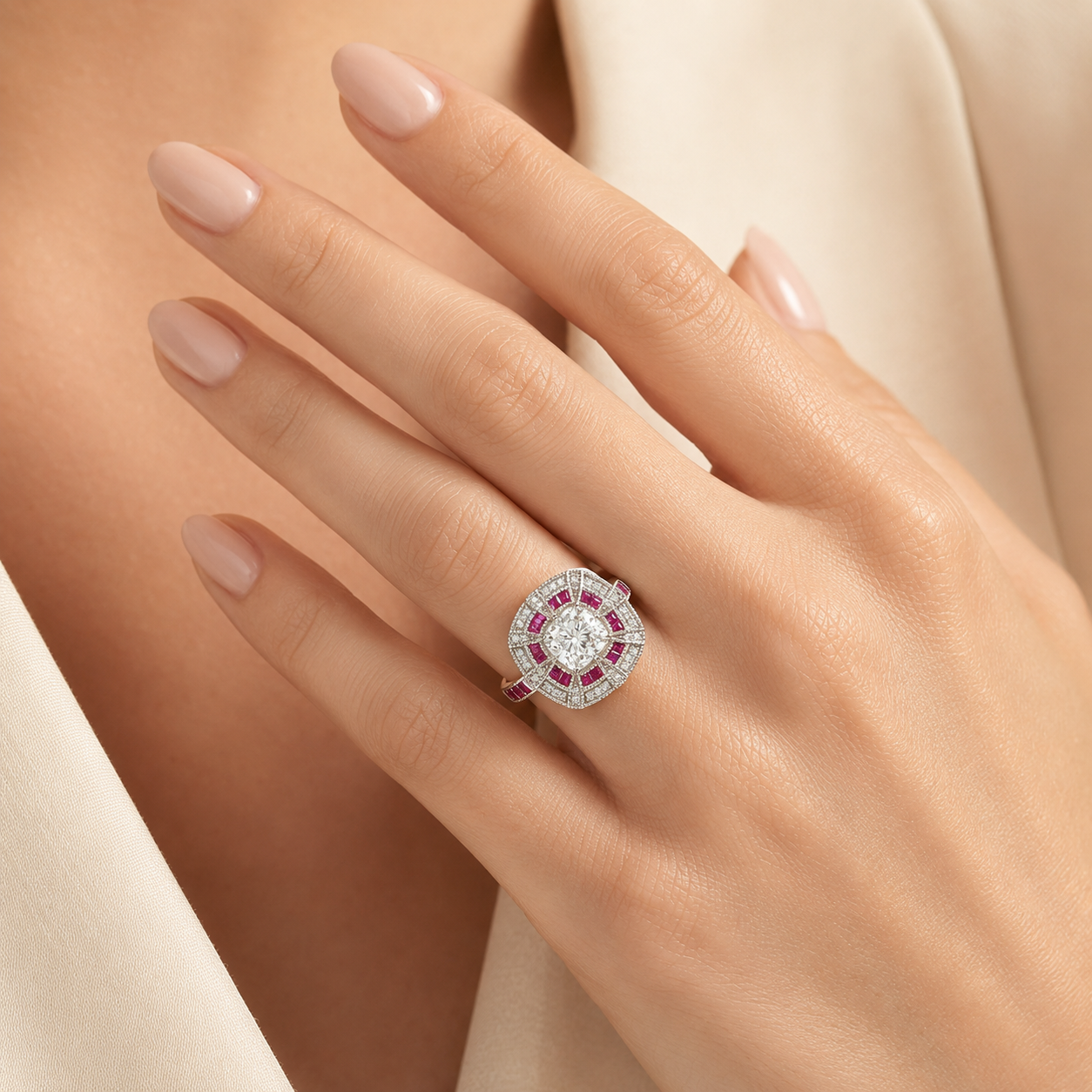 Natural Cushion Cut Diamond and Rubies Bridal Cocktail Ring 14KT White Gold