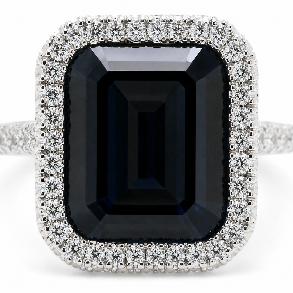 Natural Heated Sapphire and Diamonds Halo Cocktail Ring 18KT White Gold