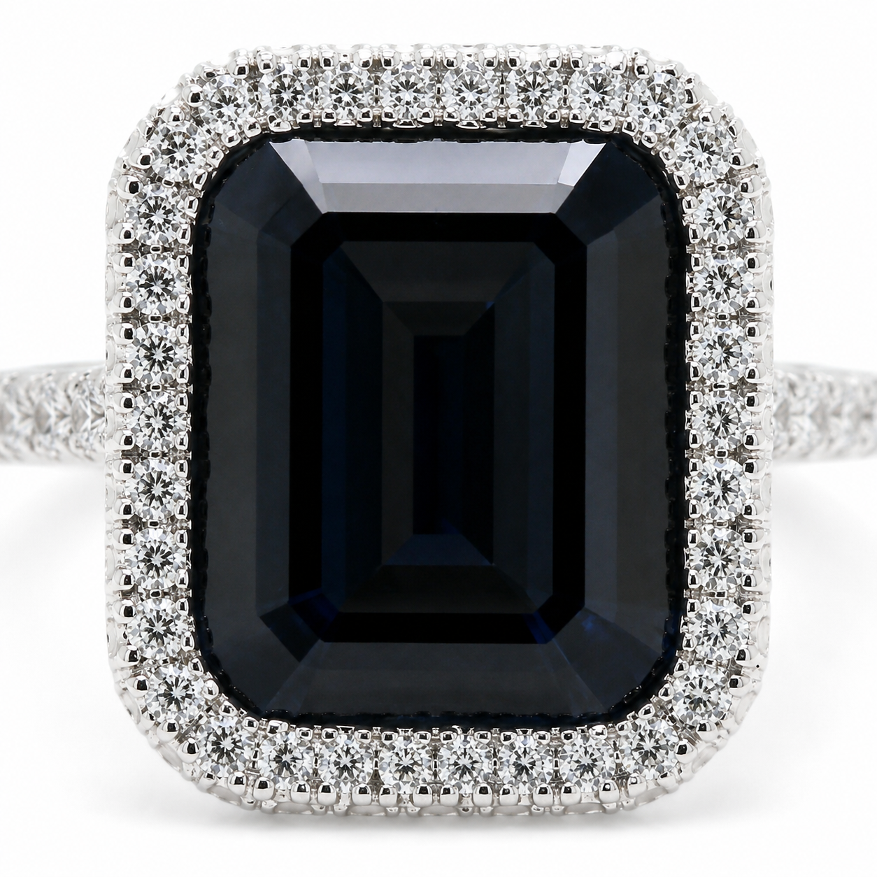 Natural Heated Sapphire and Diamonds Halo Cocktail Ring 18KT White Gold
