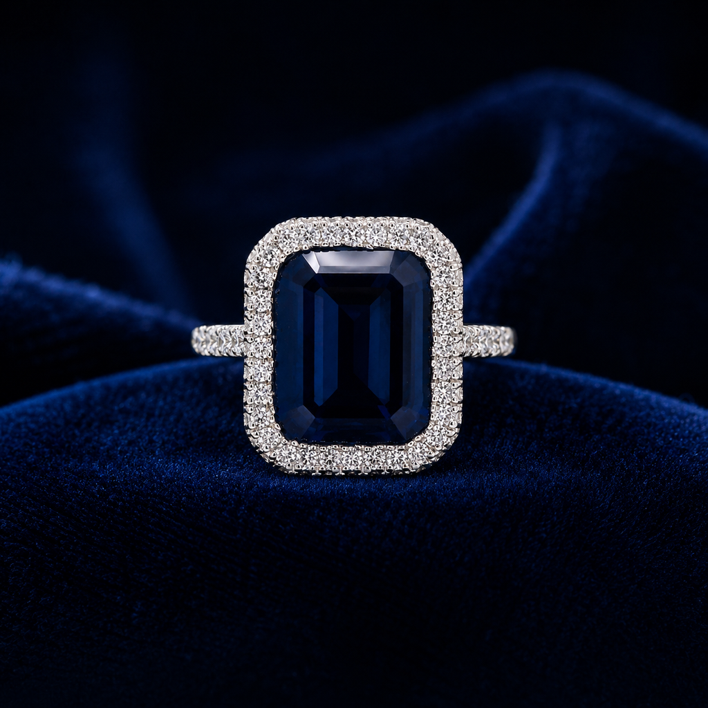 Natural Heated Sapphire and Diamonds Halo Cocktail Ring 18KT White Gold