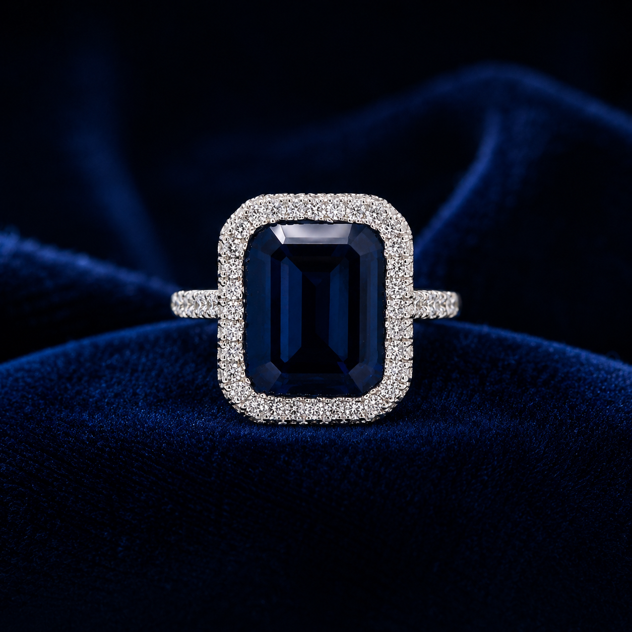 Natural Heated Sapphire and Diamonds Halo Cocktail Ring 18KT White Gold