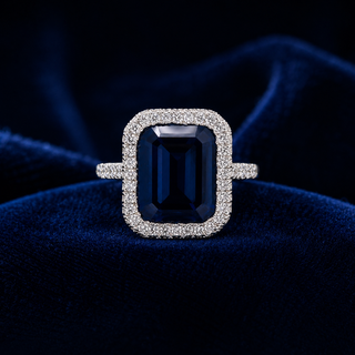 Natural Heated Sapphire and Diamonds Halo Cocktail Ring 18KT White Gold