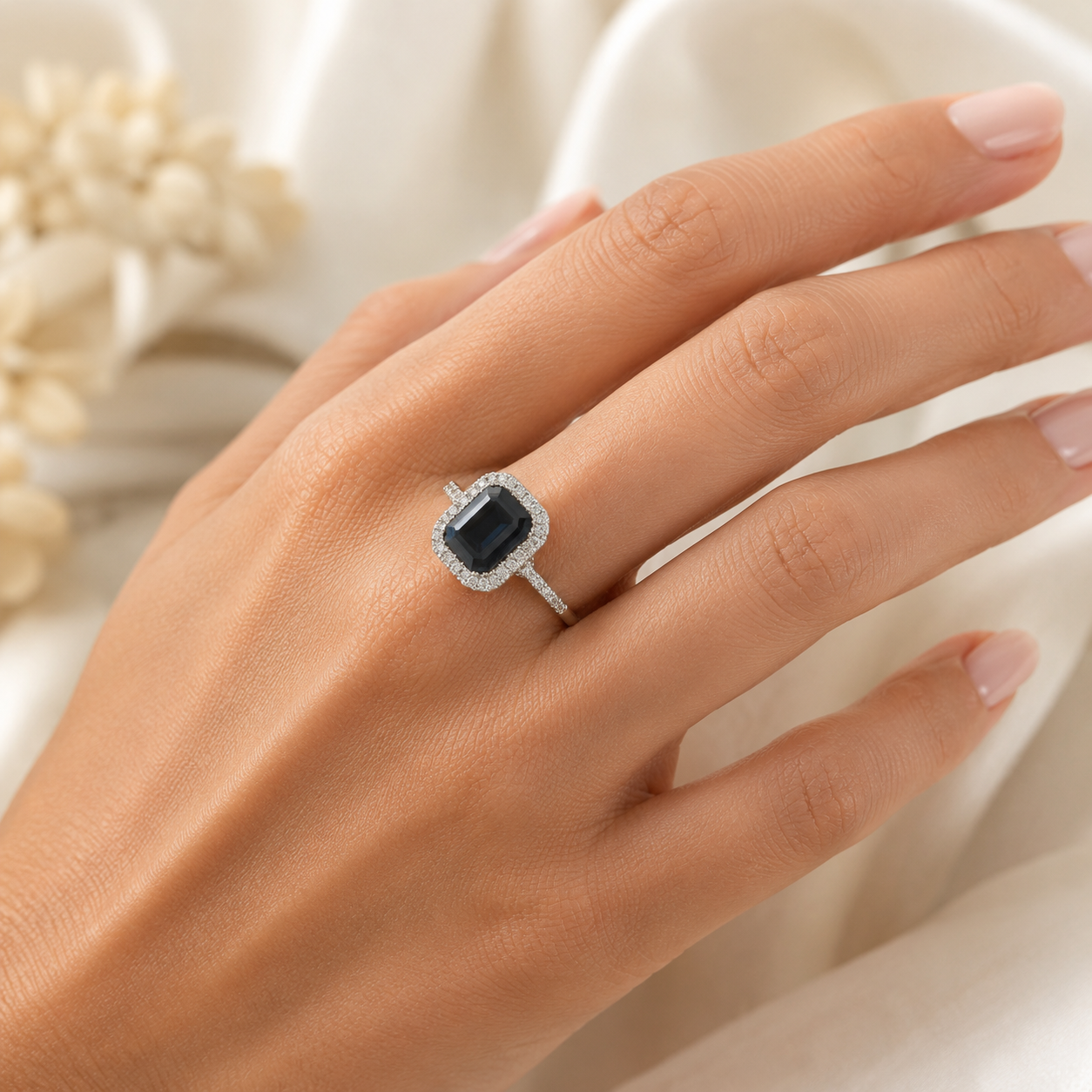 Natural Heated Sapphire and Diamonds Halo Cocktail Ring 18KT White Gold