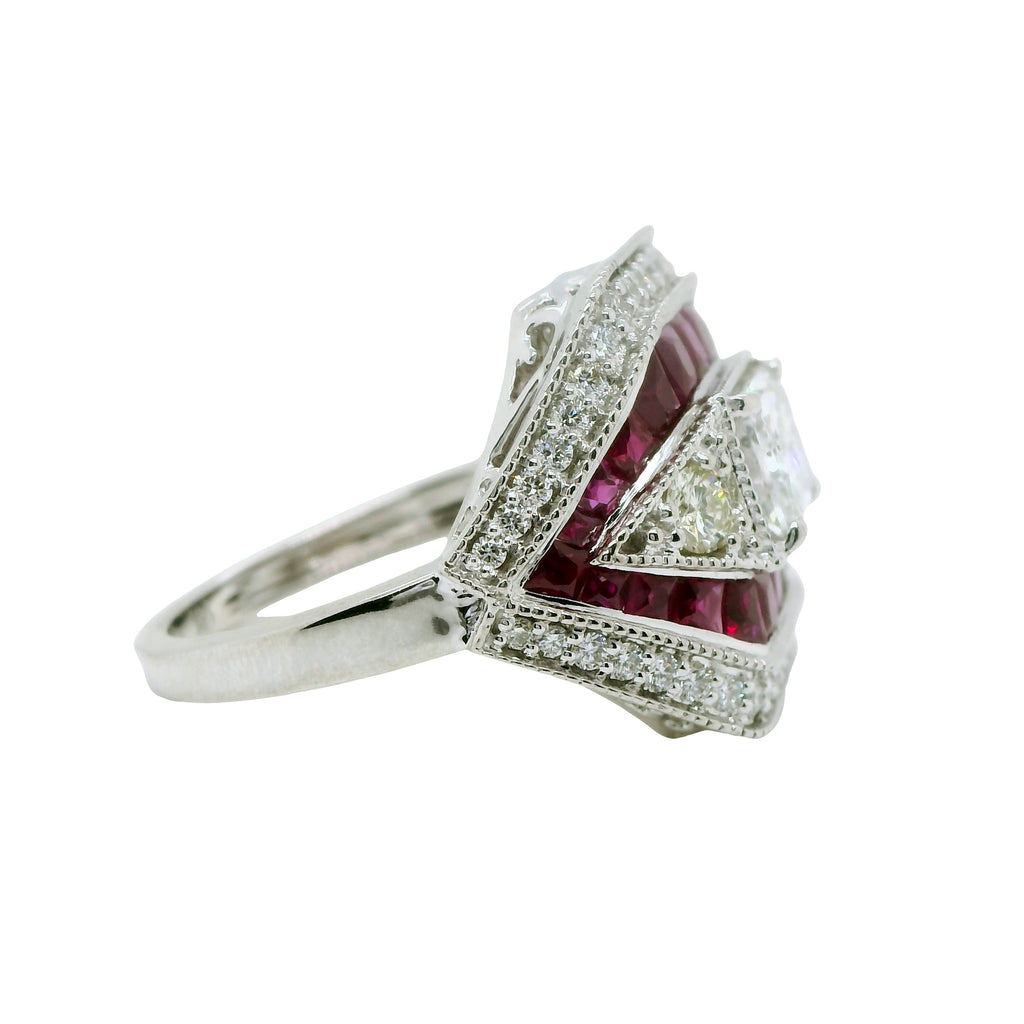 Natural Radiant Cut Diamond and Rubies Cocktail Ring, in White Gold