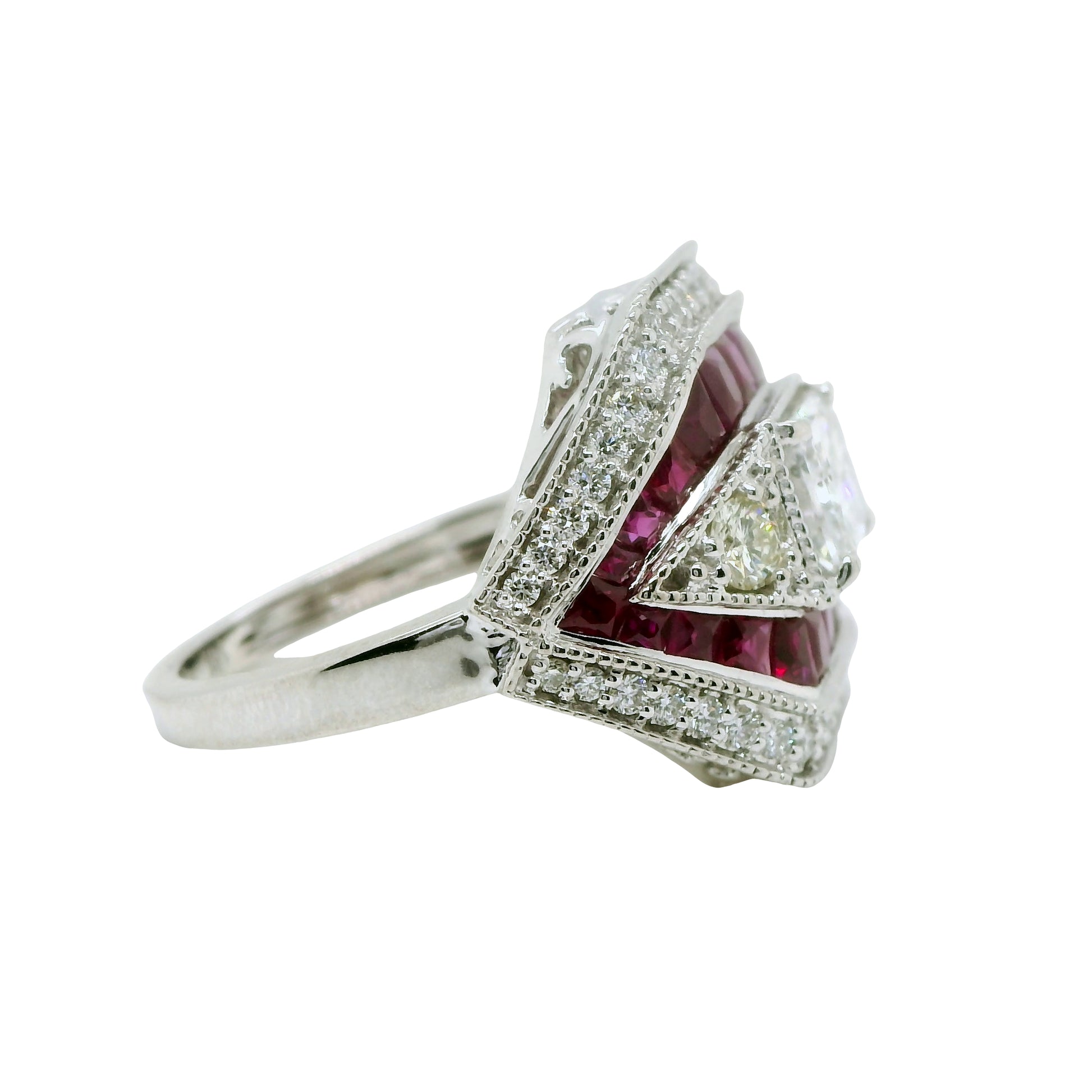 Natural Radiant Cut Diamond and Rubies Cocktail Ring, in White Gold
