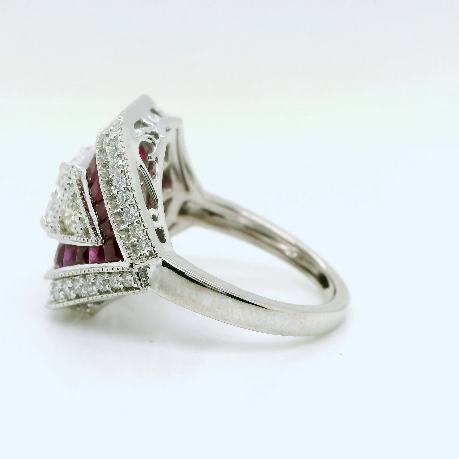 Natural Radiant Cut Diamond and Rubies Cocktail Ring, in White Gold