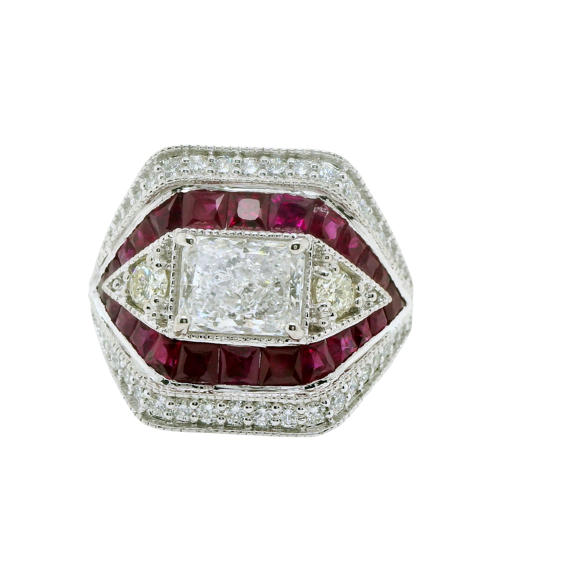 Natural Radiant Cut Diamond and Rubies Cocktail Ring, in White Gold