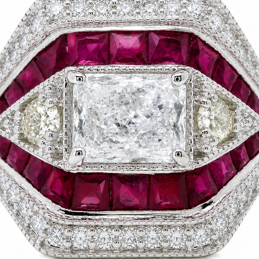 Natural Radiant Cut Diamond and Rubies Cocktail Ring 14KT White Gold