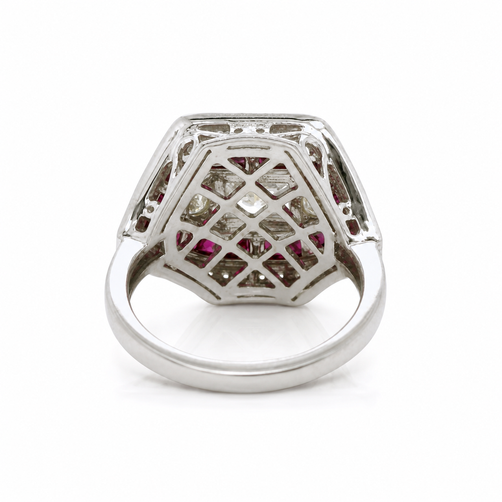 Natural Radiant Cut Diamond and Rubies Cocktail Ring 14KT White Gold