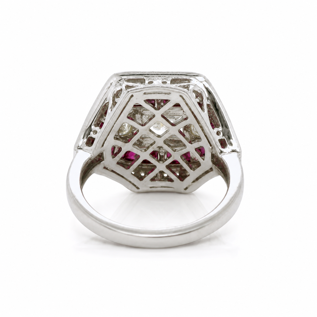 Natural Radiant Cut Diamond and Rubies Cocktail Ring 14KT White Gold