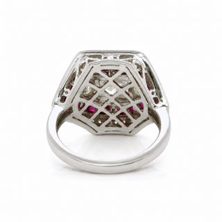 Natural Radiant Cut Diamond and Rubies Cocktail Ring 14KT White Gold