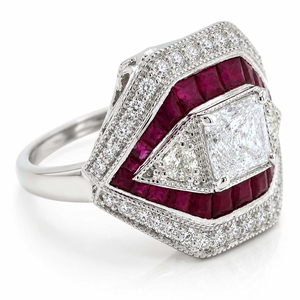 Natural Radiant Cut Diamond and Rubies Cocktail Ring 14KT White Gold