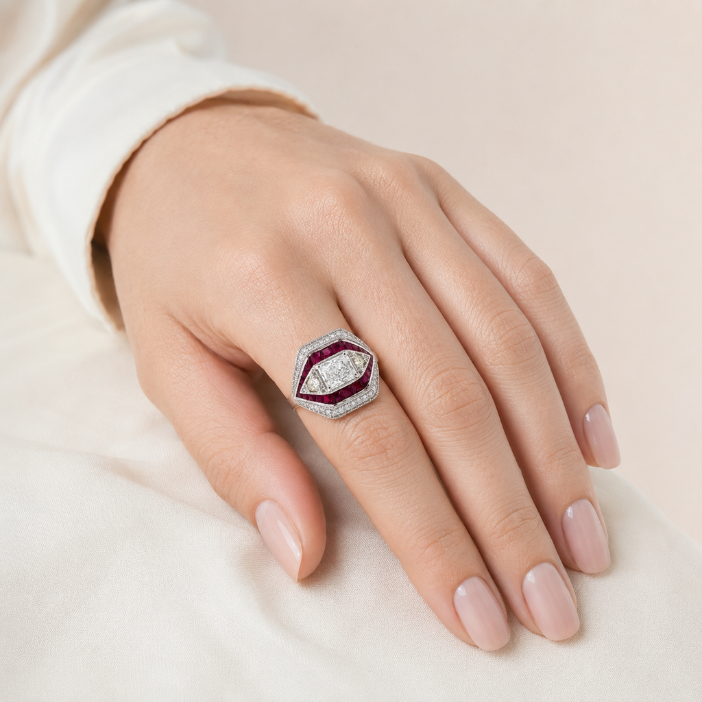 Natural Radiant Cut Diamond and Rubies Cocktail Ring 14KT White Gold