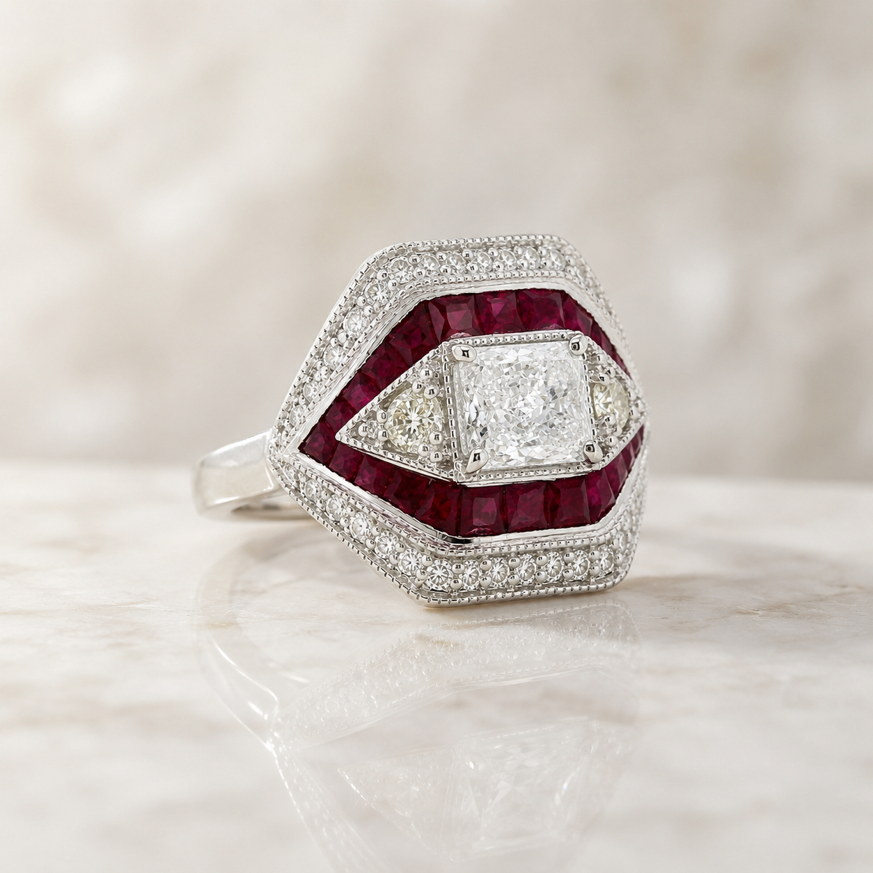 Natural Radiant Cut Diamond and Rubies Cocktail Ring 14KT White Gold