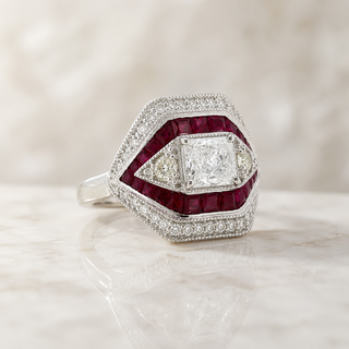 Natural Radiant Cut Diamond and Rubies Cocktail Ring 14KT White Gold