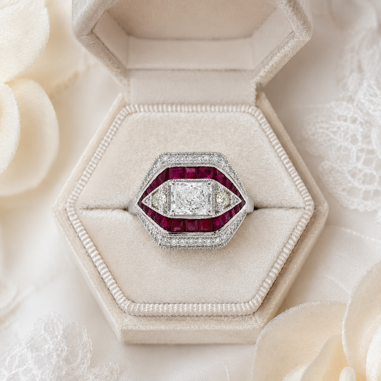 Natural Radiant Cut Diamond and Rubies Cocktail Ring 14KT White Gold