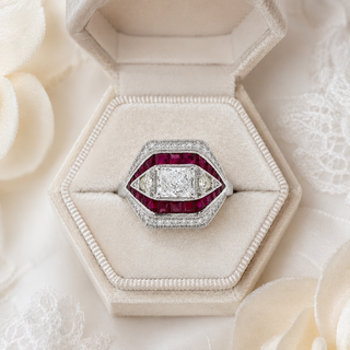 Natural Radiant Cut Diamond and Rubies Cocktail Ring 14KT White Gold