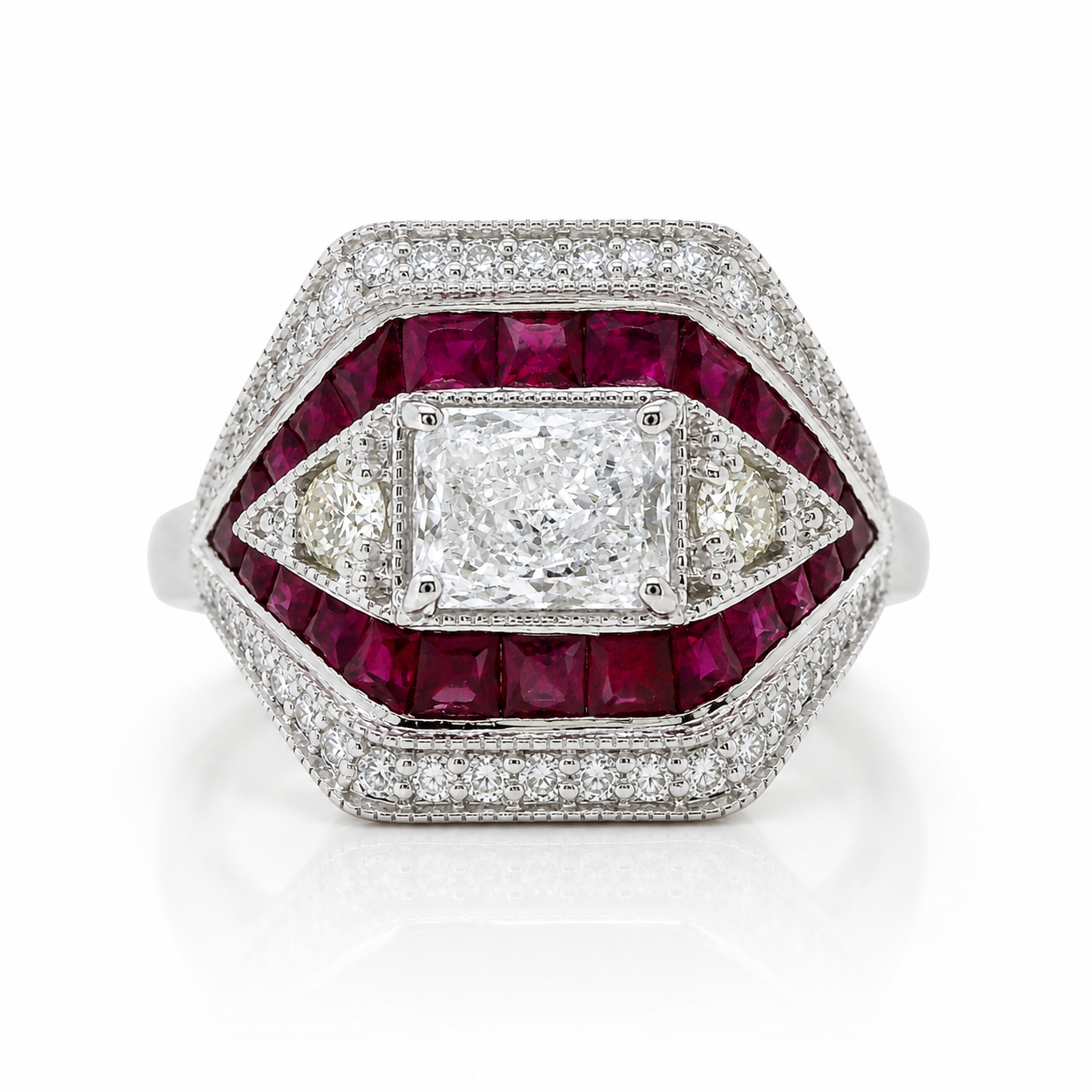 Natural Radiant Cut Diamond and Rubies Cocktail Ring 14KT White Gold