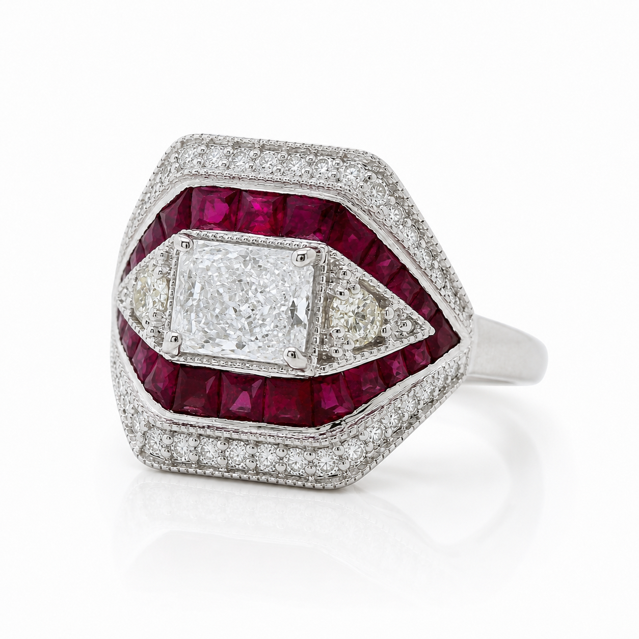 Natural Radiant Cut Diamond and Rubies Cocktail Ring 14KT White Gold