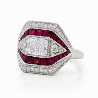 Natural Radiant Cut Diamond and Rubies Cocktail Ring 14KT White Gold