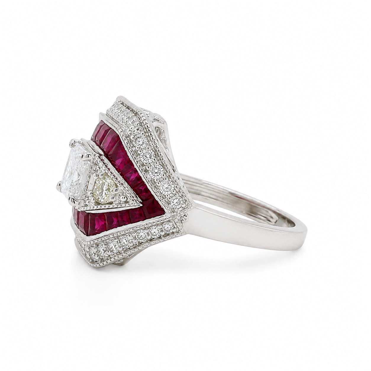 Natural Radiant Cut Diamond and Rubies Cocktail Ring 14KT White Gold