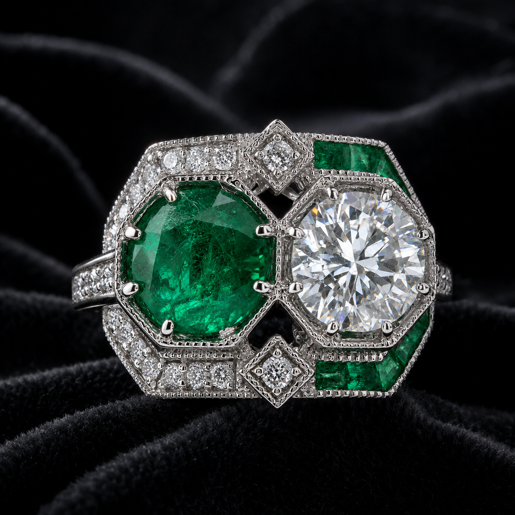 Natural Round Diamonds and Green Emeralds Cocktail Ring, 14KT White Gold