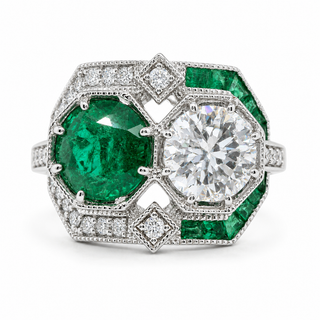 Natural Round Diamonds and Green Emeralds Cocktail Ring, 14KT White Gold