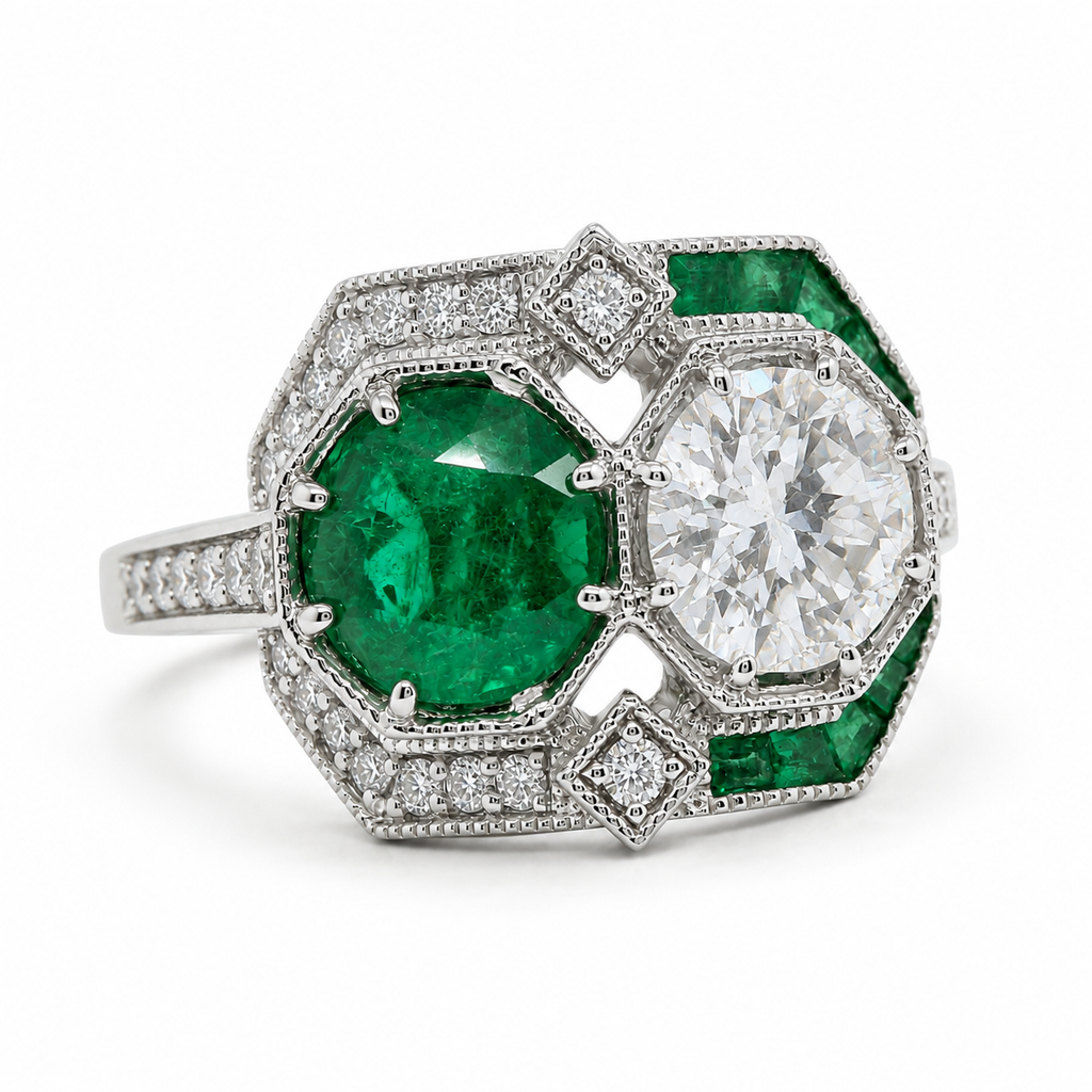 Natural Round Diamonds and Green Emeralds Cocktail Ring, 14KT White Gold