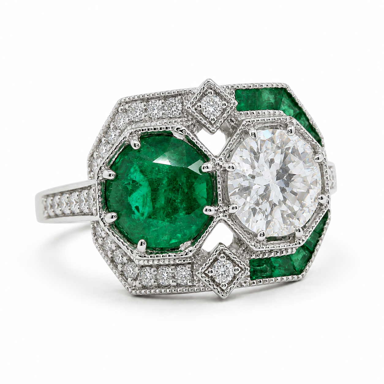 Natural Round Diamonds and Green Emeralds Cocktail Ring, 14KT White Gold