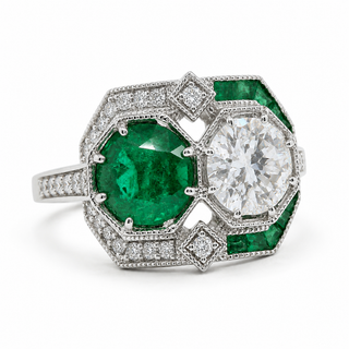 Natural Round Diamonds and Green Emeralds Cocktail Ring, 14KT White Gold