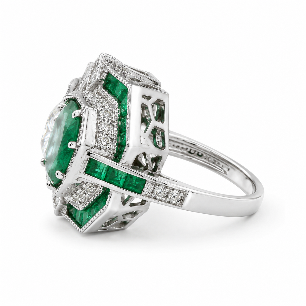 Natural Round Diamonds and Green Emeralds Cocktail Ring, 14KT White Gold