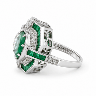 Natural Round Diamonds and Green Emeralds Cocktail Ring, 14KT White Gold