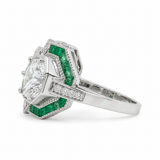Natural Round Diamonds and Green Emeralds Cocktail Ring, 14KT White Gold