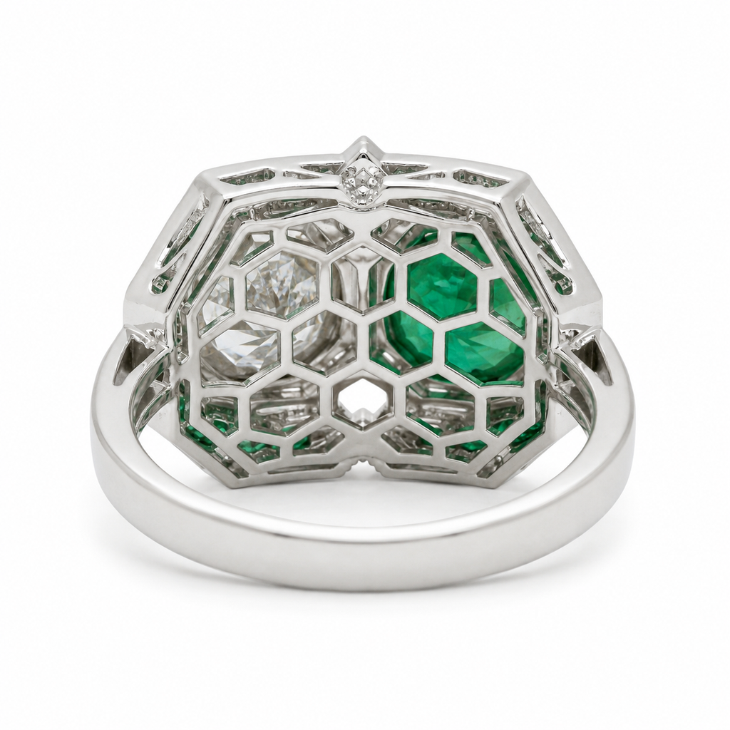 Natural Round Diamonds and Green Emeralds Cocktail Ring, 14KT White Gold