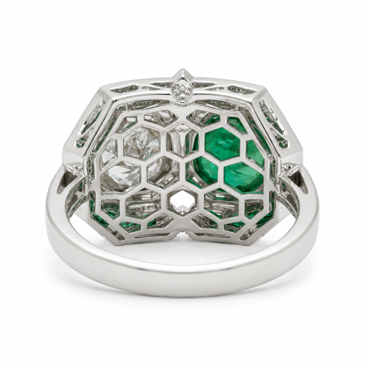 Natural Round Diamonds and Green Emeralds Cocktail Ring, 14KT White Gold