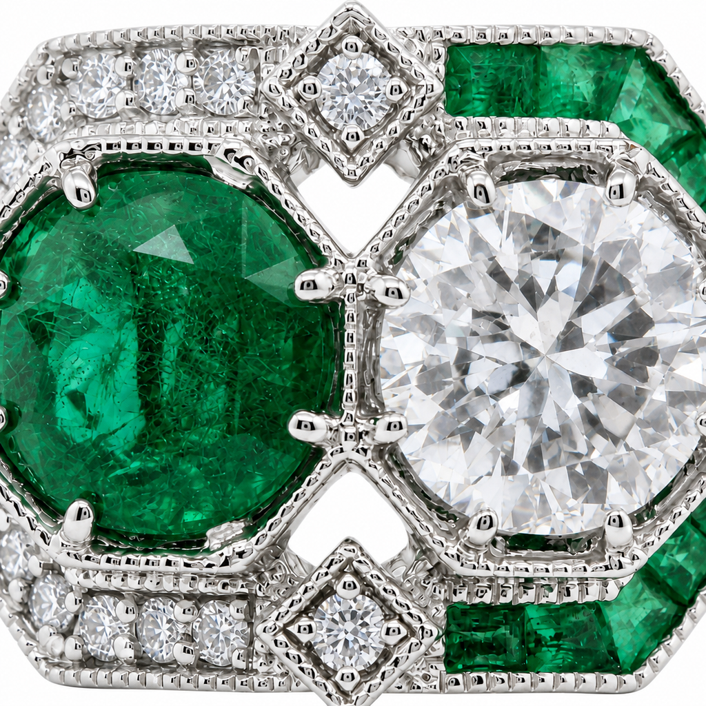Natural Round Diamonds and Green Emeralds Cocktail Ring, 14KT White Gold