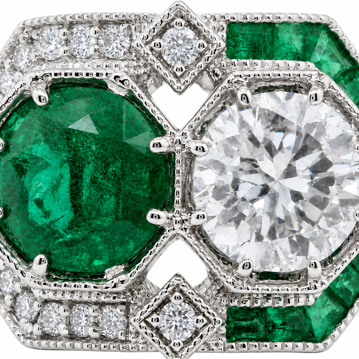 Natural Round Diamonds and Green Emeralds Cocktail Ring, 14KT White Gold