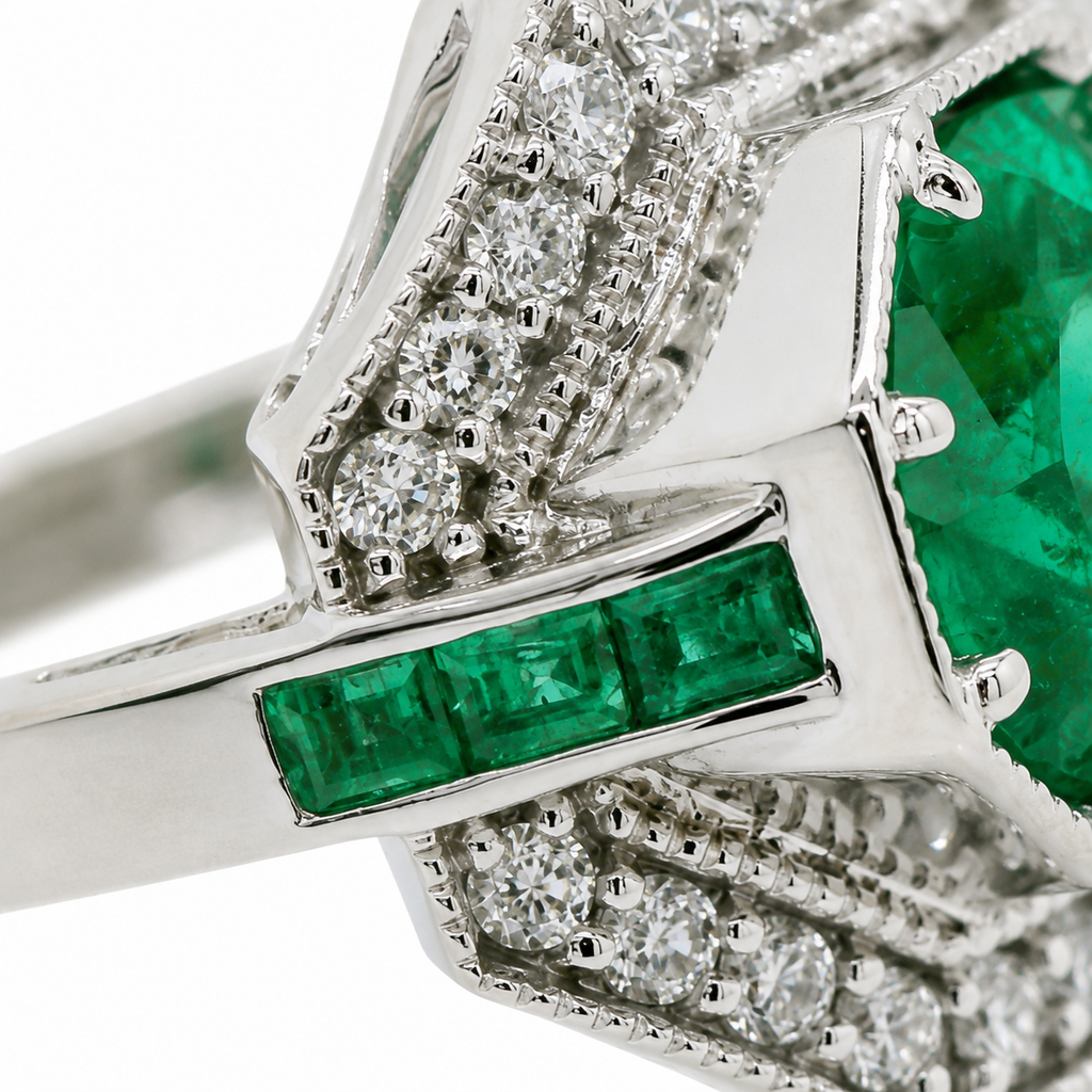 Natural Round Diamonds and Green Emeralds Cocktail Ring, 14KT White Gold