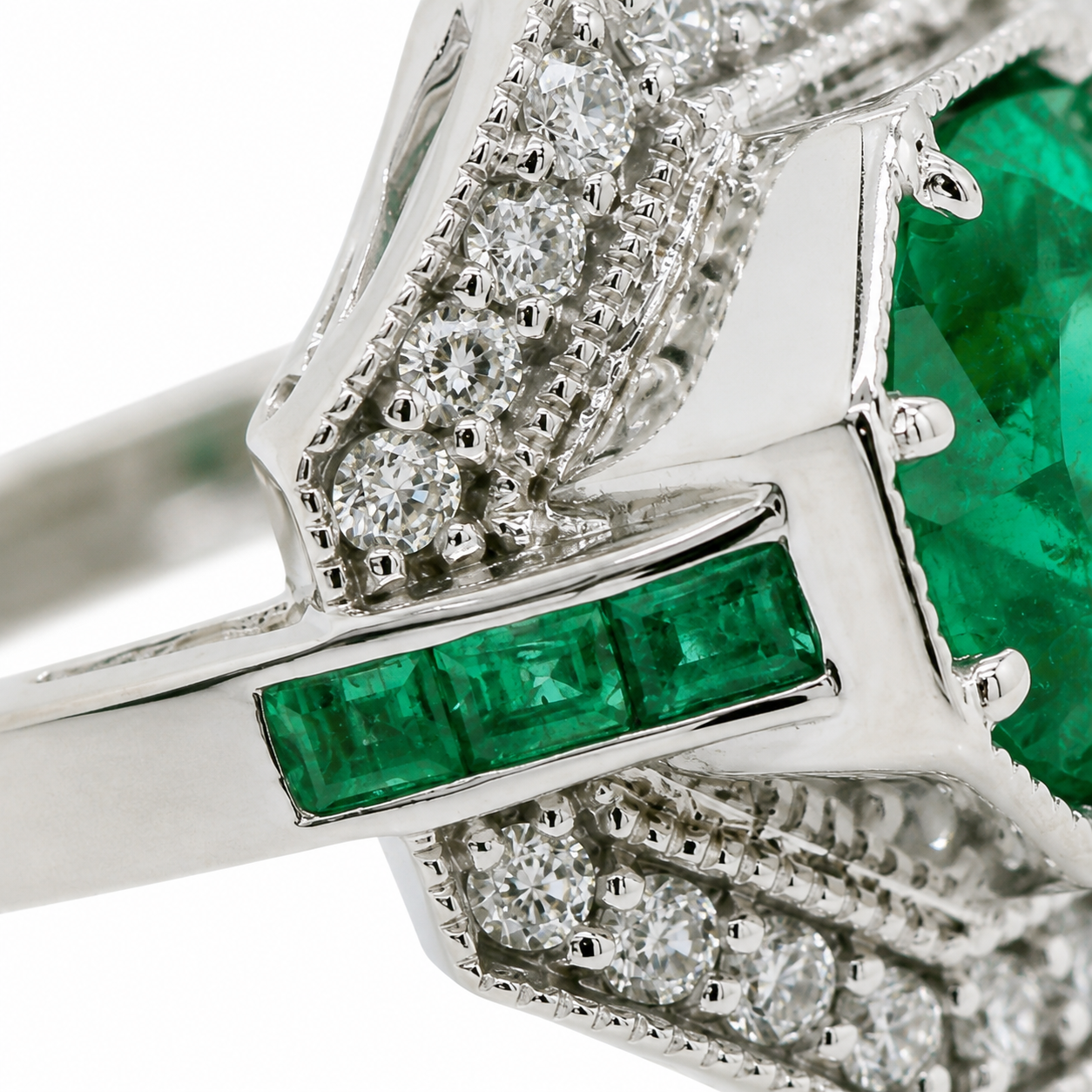 Natural Round Diamonds and Green Emeralds Cocktail Ring, 14KT White Gold