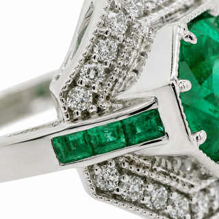 Natural Round Diamonds and Green Emeralds Cocktail Ring, 14KT White Gold