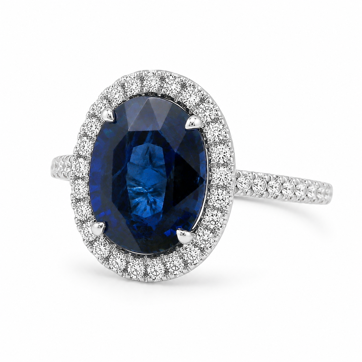 Natural Heated Ceylon Sapphire and Diamond Bridal Halo Ring 14KT White Gold