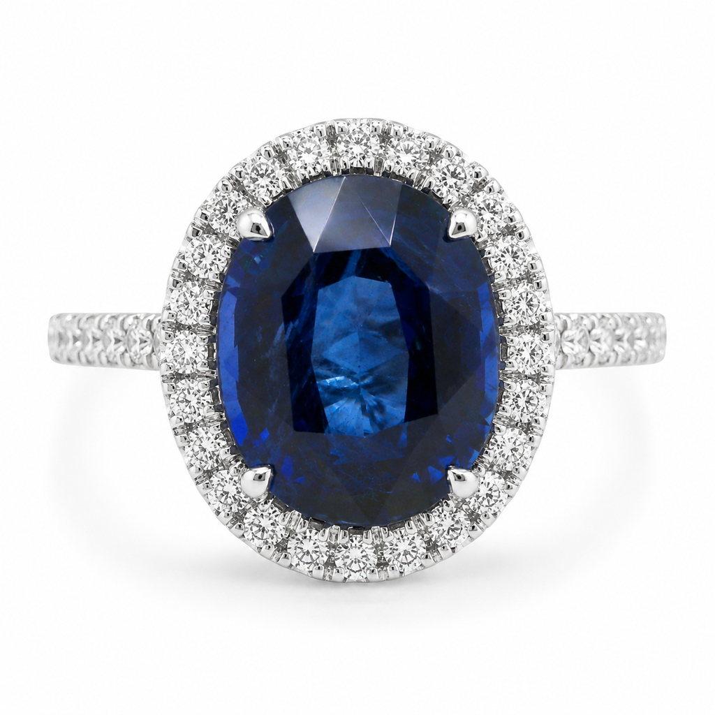Natural Heated Ceylon Sapphire and Diamond Bridal Halo Ring 14KT White Gold