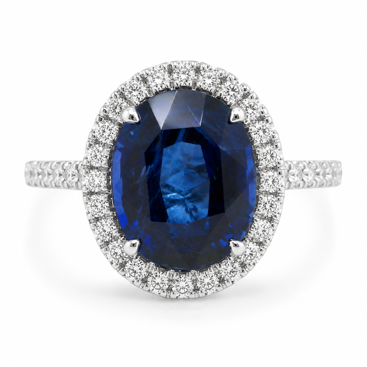 Natural Heated Ceylon Sapphire and Diamond Bridal Halo Ring 14KT White Gold